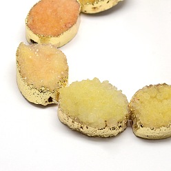 Yellow Golden Plated Dyed Oval Natural Druzy Quartz Crystal Beads Strands, Yellow, 30x22x5~12mm, Hole: 2mm, about 6pcs/strand, 7 inch