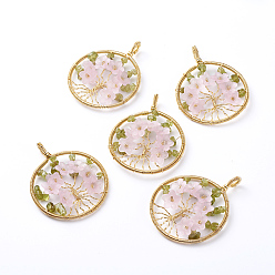 Перидот Природные подвески перидота, с золотыми тонами латунных находок и цветочными акриловыми бусинами, плоско-круглые, 62~66x50~52x10~15 мм, отверстие : 4 мм