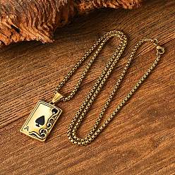 Antique Golden Vintage 304 Stainless Steel Pave Black Cubic Zirconia Ace of Spades Pendant Necklaces for Men, Antique Golden, 23.62 inch(60cm)