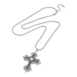 Émeraude Colliers à pendentif croix en strass, avec des chaînes à billes en alliage d'argent antique, émeraude, 27.56 pouce (70 cm)