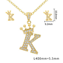 Letter K Наборы подвесок и сережек-гвоздиков из латуни с микропаве из прозрачных кубических цирконий., золотые, письмо с короной, Письмо K, 10.8x9.2 мм и 400 мм