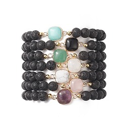Mixed Stone 7Pcs 7 Sytle Natural Mixed Gemstone Square & Round Beaded Stretch Bracelets Set for Women, Inner Diameter: 2-1/4 inch(5.8cm), 1Pc/style