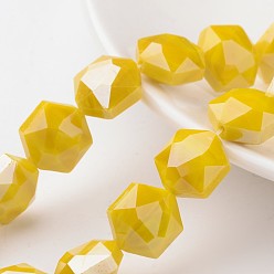 Yellow Electroplate Opaque Solid Color Glass Beads Strands, Faceted Hexagon, Yellow, 15x14x8.5mm, Hole: 1mm, about 24pcs/strand, 14.1 inch