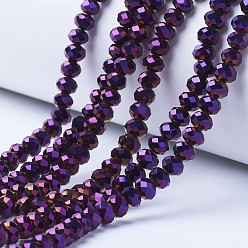 Purple Plated Electroplate Transparent Glass Beads Strands, Full Plated, Faceted, Rondelle, Purple Plated, 8x6mm, Hole: 1mm, about 63~65pcs/strand, 39~40cm