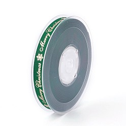 Green Polyester Grosgrain Ribbon for Christmas, Snowflake & Word, Green, 9mm, about 100yards/roll