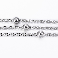 Stainless Steel Color 304 Stainless Steel Cable Chains, Satellite Chains, with Steel Round Beads, Soldered, with Spool, Flat Oval, Stainless Steel Color, 2.5x1.9x0.3mm, about 65.61 Feet(20m)/roll