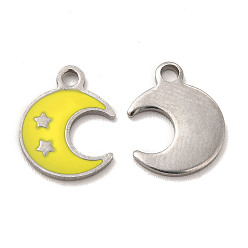 Stainless Steel Color 304 Stainless Steel Enamel Pendants, Moon with Star Charm, Stainless Steel Color, 12.5x10x1mm, Hole: 1.6mm