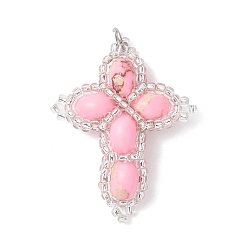 Pink Окрашенная синтетическая императорская яшма с подвесками из стеклянных бусин, подвески-крестики с 304 соединительными кольцами из нержавеющей стали, цвет нержавеющей стали, розовые, 37x28x8.5 мм, отверстие : 3 мм