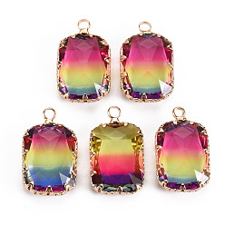 Colorful Gradient Color Glass Pendants, with Brass Prong Settings, Faceted, Rectangle, Light Gold, Colorful, 24x14x6mm, Hole: 1.6mm