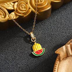 Yellow Summer Brass Micro Pave Clear Cubic Zirconia Enamel Watermelon Pendant 201 Stainless Steel Cable Chain Necklaces for Women, Golden, Yellow, 15.75 inch(40cm)