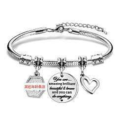 Нержавеющая Сталь Цвет День рождения 201 браслеты с подвесками из нержавеющей стали, браслеты из змеиной цепи для женщин, шестиугольник, сердце и плоский круг, цвет нержавеющей стали, 3 дюйм (7.5 см)