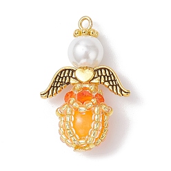 Оранжевый Светящиеся подвески-ангелы из стеклянных бусин ручной работы, с железной петлей, крылом из сплава и стеклянными бусинами, светится в темноте, оранжевые, 30x20x12 мм, отверстие : 1.4 мм