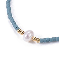Light Steel Blue Adjustable Nylon Cord Braided Bead Bracelets, with Japanese Seed Beads and Pearl, Light Steel Blue, 2 inch~2-3/4 inch(5~7.1cm)