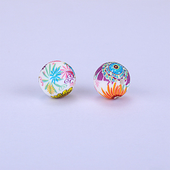 White Printed Round with Flower Pattern Silicone Focal Beads, White, 15x15mm, Hole: 2mm