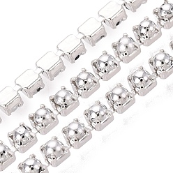 Plata Cadenas de tenis de imitación de perlas de hierro y plástico ABS, plaza, arco iris chapado, con carrete, plata, plata, 2x2x2 mm, sobre 10 yardas / rodillo