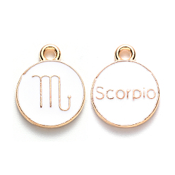 Scorpio Alloy Enamel Pendants, Flat Round with Constellation, Light Gold, White, Scorpio, 15x12x2mm, Hole: 1.5mm, 100pcs/Box