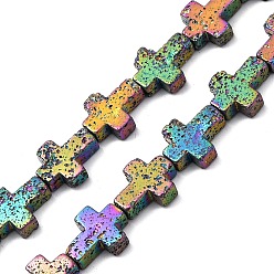 (966) Внутренний цвет Кристалл / Лиловато-лиловый на подкладке Гальванические бусины из натуральной лавы, крестик, с покрытием цвета радуги, 10x8x4~4.5 мм, отверстие : 0.8~1 мм, около 38 шт / нитка, 31.10'' (79 см)