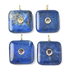 Ляпис-Лазурь Крашеные природные лазурит подвески, квадратные подвески с латунной микрофиброй и фианитами, золотые, цвет циркона случаен, 31x24~25x6~7 мм, отверстие : 3x2 мм