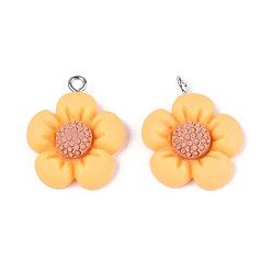 Желтый Подвески из смолы, с платиновым железным колышком, цветок, желтые, 25x20.5x7 мм, отверстие : 2 мм