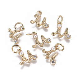 Letter M Латунь прелести, с фианитами и оболочки жемчужиной шарик, буквы, золотые, прозрачные, letter.m, 9.5~11x3.5~10.8x3~3.5 мм, отверстие : 3.5 мм