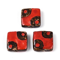Красный Ручной фарфоровые керамические шарики, квадратный, Famille выросли стиле, красные, 17.5~19x17~18.5x6~7 мм, отверстие : 1.4~2 мм