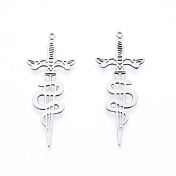 Нержавеющая Сталь Цвет Не тускнеет 201 большие подвески из нержавеющей стали, лазерная резка, меч со змеей, цвет нержавеющей стали, 54.5x21x1 мм, отверстие : 1.6 мм