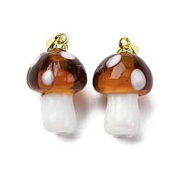 Сиена Подвески лэмпворк ручной работы, гриб, с реечной накладкой из латуни с золотистым напылением, долговечный, золотые, цвет охры, 19~21x11~13 мм, отверстие : 4.5x3.5 мм