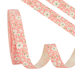 Pink Cotton and Linen Ribbon, for Sewing Accessories, Flat with Flower Pattern, Pink, 5/8 inch(16mm), about 20 Yards/Roll