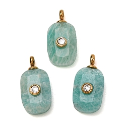 Amazonite Natural Amazonite Faceted Pendants, Rectangle Charms with 304 Stainless Steel Crystal Rhinestone Findings, Ion Plating(IP), Real 14K Gold Plated, 16~16.5x8x6mm, Hole: 1.8mm
