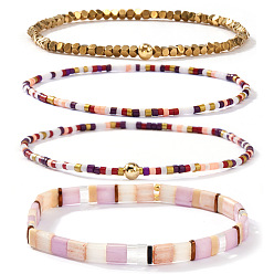 (52) Непрозрачная лаванда 4шт. 4 Браслеты из эластичного материала в богемном стиле, с бисерной отделкой и синтетическими немагнитными гематитовыми бусинами, составные браслеты для женщин, разноцветные, 6.50 дюйм (16.5 см)