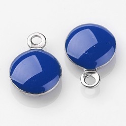 Blue Stainless Steel Enamel Charms, Enamelled Sequins, Flat Round, Blue, 11x8x3mm, Hole: 1mm