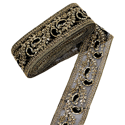 Schwarz Blumenmuster, ethnische Stickerei, florale Polyesterbänder, Jacquardband, Tiroler Band, Bekleidungszubehör, Schwarz, 3~3-1/8 Zoll (75~80 mm)