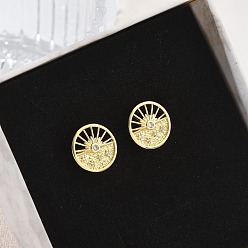 Настоящее золото 18K Женские серьги-гвоздики из латуни с микропаве и прозрачным кубическим цирконием, круглый с солнцем, стойки покрытие, долговечный, без кадмия и без свинца, реальный 18 k позолоченный, 12 мм