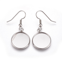 Нержавеющая Сталь Цвет 304 нержавеющей стали серьги крюков, провод уха, с пустым подвесным лотком, плоские круглые местом для кабошона, цвет нержавеющей стали, 38 мм, лоток : 16 мм, 21 датчик, штифты : 0.7 мм