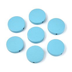 Светло-Голубой Расписные бусины из натурального тополя, плоско-круглые, Небесно-голубой, 20x5 мм, отверстие : 1.4 мм