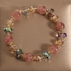 Pale Violet Red Alloy Glass Round Rondelle Beaded Stretch Bracelets for Women, Golden, Pale Violet Red, 6.30 inch(16cm)