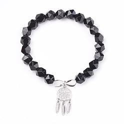Black Agate Natural Black Agate(Dyed & Heated) Beads Charm Bracelets, with Brass Findings, Woven Net/Web with Feather, 2 inch(5.2cm), Pendant: 24x10.5x2mm
