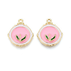 Бледно-Розовый Стойки обшивки сплава эмали подвески, плоский круглый и листовой, без кадмия и без свинца, золотой свет, розовый жемчуг, 27.5x23x4 мм, отверстие : 2 мм