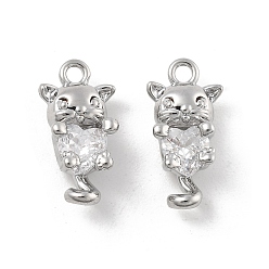 Платина Латунные микро проложить кубического циркония подвески, без кадмия, без никеля и без свинца, подвески в форме кошки, платина, 12.5x6.5x5 мм, отверстие : 1.2 мм