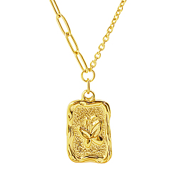 Real 18K Gold Plated 304 Stainless Steel Pendant Necklaces, Rectangle with Butterfly, Real 18K Gold Plated, 16.93 inch(43cm)