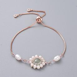 Green Aventurine Adjustable Rose Gold Plated Brass Slider Bracelets, Bolo Bracelets, with Rhinestone, Natural Pearl, Natural Green Aventurine Cabochons and Cardboard Packing Box, 9-1/2 inch(24cm)