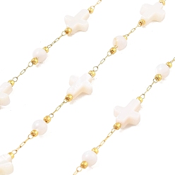 Настоящее золото 18K 5ионное покрытие (IP) 304 цепи из нержавеющей стали, пайки, с катушкой, с стеклянные бусы, крестик, реальный 18 k позолоченный, 10x8.5x3 мм, около 16.40 футов (5 м) / рулон