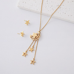 Golden 304 Stainless Steel Moon Star Stud Earrings & Tassel Necklaces Sets for Women, Golden, 460mm