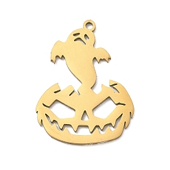 Oro Colgantes de acero inoxidable Halloween 201, Calabaza de Halloween con amuletos de fantasmas, dorado, 27x20x1 mm, agujero: 1.4 mm