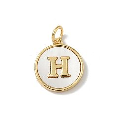 Letter H Латунный паве натуральный ракушка плоский круглый с буквенными подвесками, реальный 18 k позолоченный, долговечный, без свинца и без кадмия, стойки покрытие, цвет морской раковины, Письмо ч, 15x13x2 мм, отверстие : 3 мм