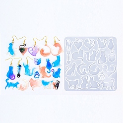 Белый DIY силиконовые формы кулон, формы для литья смолы, форма кошки, белые, 145x139x4 мм, отверстие : 1.6 мм, внутренний диаметр: 17~35x11.5~36.5 мм