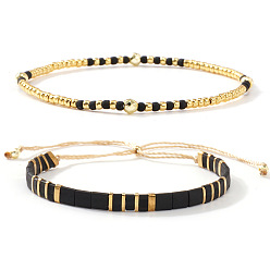 Black Glass Beaded Stretch Bracelet Sets, with Slider Bracelets, Adjustable Stackable, Golden, Black, 6.50 inch(16.5cm) and 11.02 inch(28cm), 2pcs/set