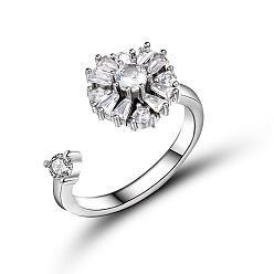 Прозрачный Вращающиеся открытые манжеты с цветком для женщин, латунные кольца-вертушки с кубическим цирконием для успокоения беспокойства, медитации, прозрачные, внутренний диаметр: 16 мм, Цветок: 13 мм