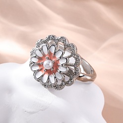 Платина Dasiy вращающиеся открытые манжетные кольца для женщин, латунные кольца-спиннеры с микро-паве и прозрачным кубическим цирконием, с пластиковыми жемчужными бусинами и эмалью, платина, внутренний диаметр: 18 мм