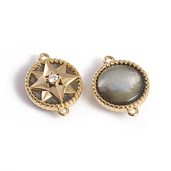 Black Lip Shell Natural Black Lip Shell Links connectors, with Golden Plated Brass Findings and Cubic Zirconia, Long-Lasting Plated, Flat Round with Star, 18.5x14x6.5mm, Hole: 1.2mm
